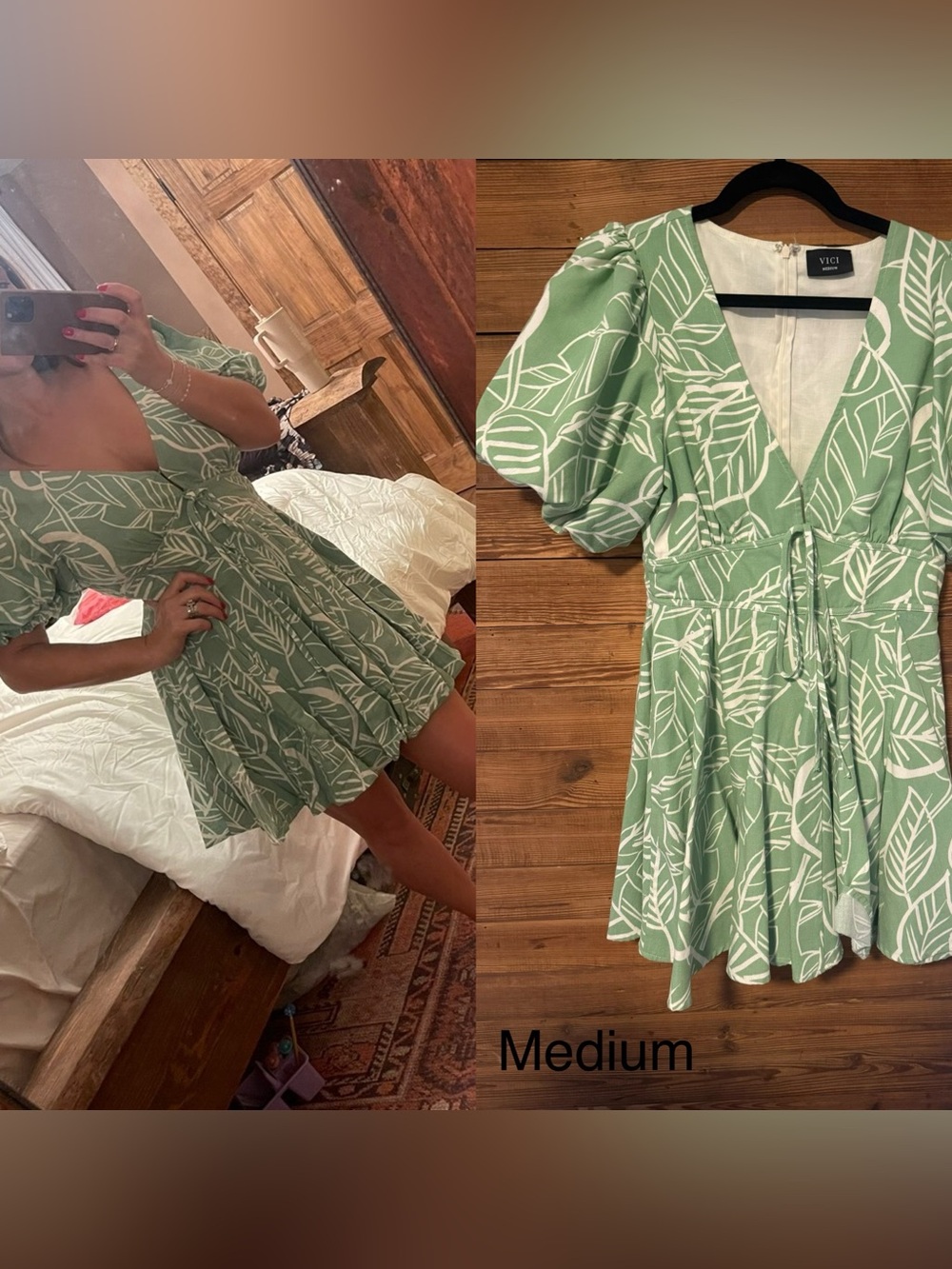 Vici Sage Green and White Leaf-Print V-Neck Mini Dress